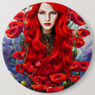 Girl Hiding In Poppy Flowers Field fantasy art  6 Cm Round Badge
