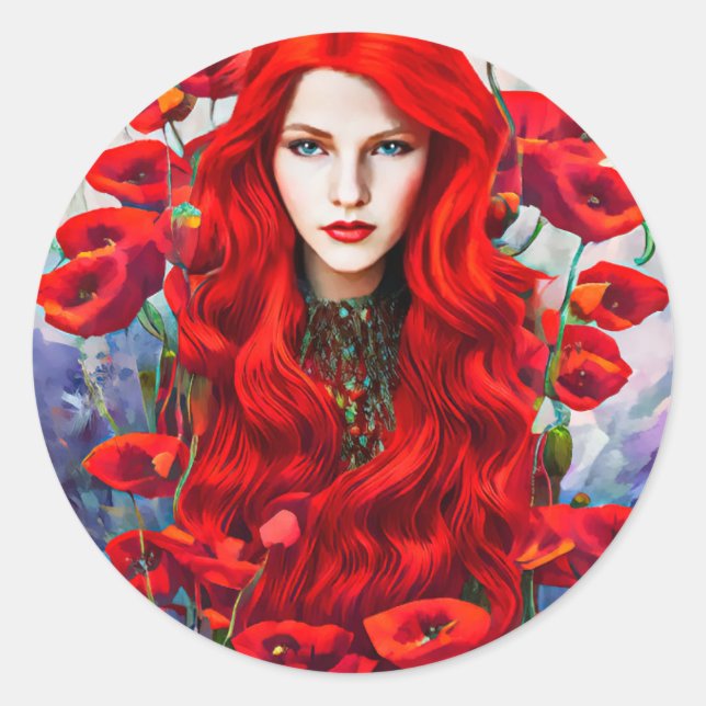  Girl Hiding In Poppy Flowers Field fantasy art Classic Round Sticker (Front)