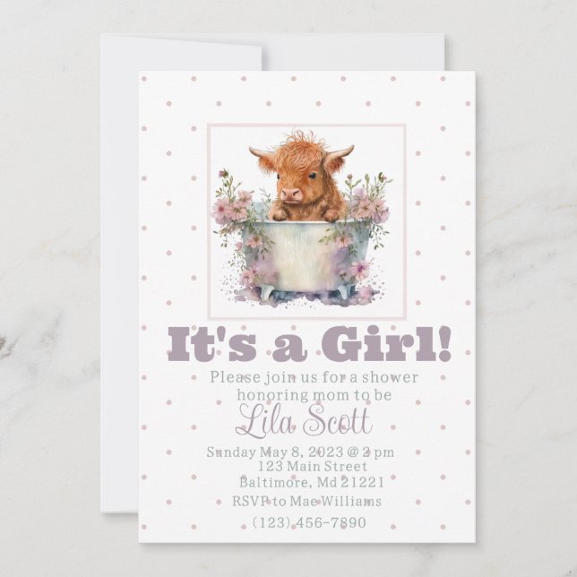 Girl Highland cow baby shower invitation  (Front)