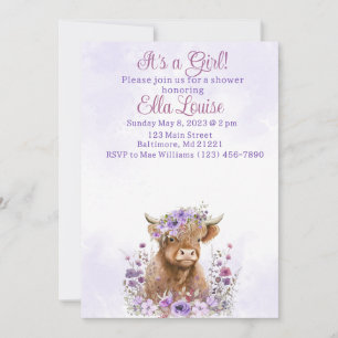 Girl Highland cow baby shower invitation 