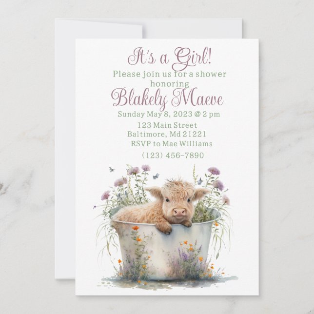 Girl Highland cow baby shower invitation  (Front)