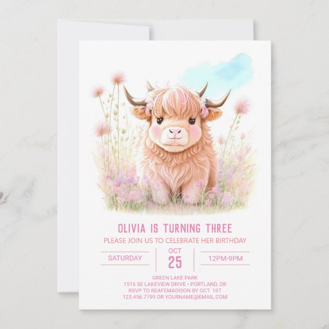 Girl Highland Cow Pampas Grass Birthday Invitation (Front)