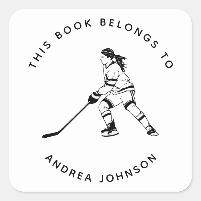 Girl Hockey Player Silhouette Kid School Bookplate Square Sticker (Front)