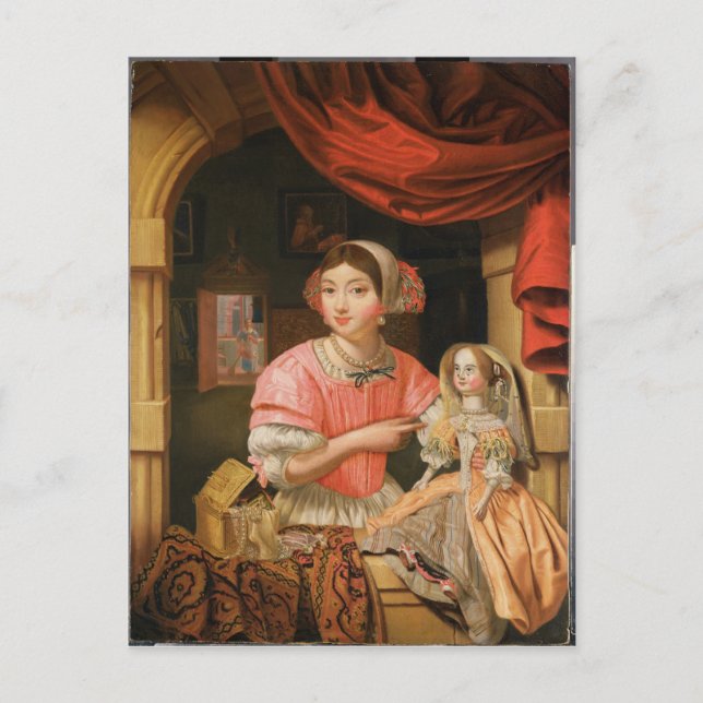 Girl holding a doll in an interior postcard (Front)