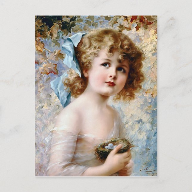 Girl holding a nest postcard (Front)