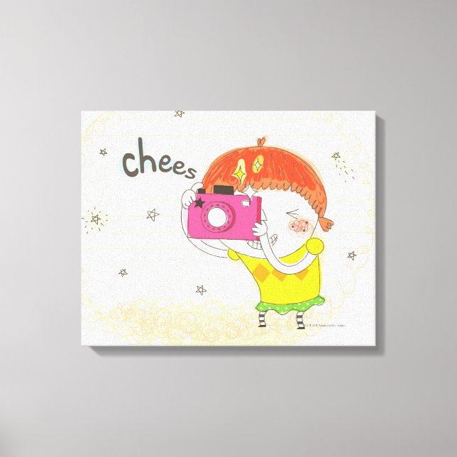 Girl holding camera, clicking canvas print (Front)