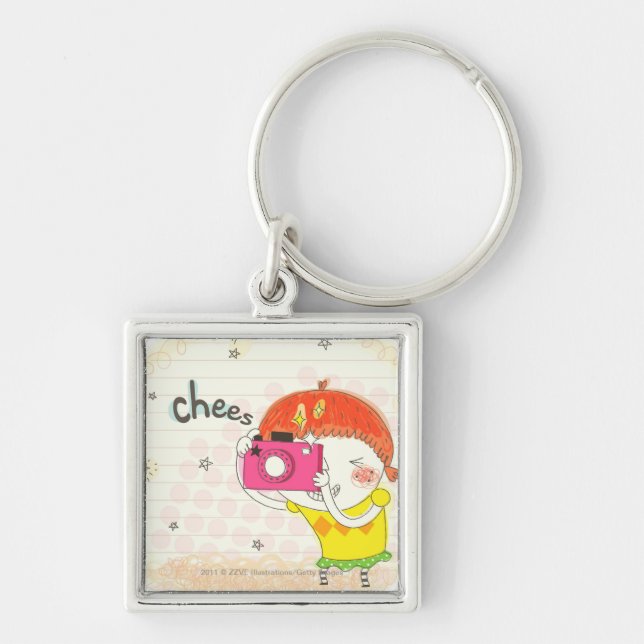 Girl holding camera, clicking key ring (Front)