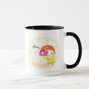 Girl holding camera, clicking mug