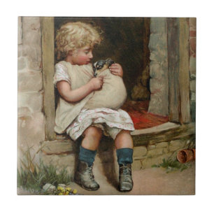 Girl Holding Cute Puppy Vintage Tile