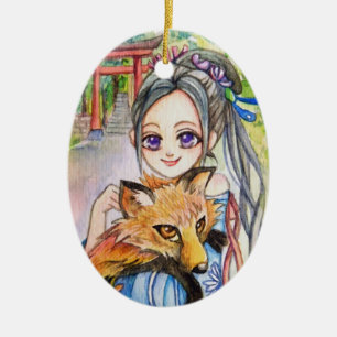 Girl Holding Fox Ceramic Tree Decoration