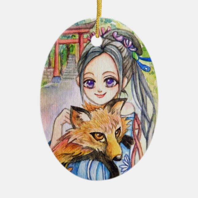 Girl Holding Fox Ceramic Tree Decoration (Front)