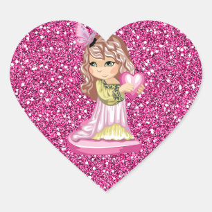 Girl Holding Heart Pink Faux Glitter Heart Sticker