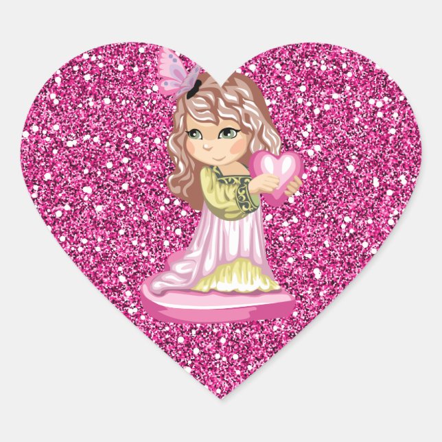 Girl Holding Heart Pink Faux Glitter Heart Sticker (Front)