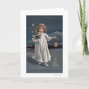 Girl Holding Tree and Lantern Holiday Card