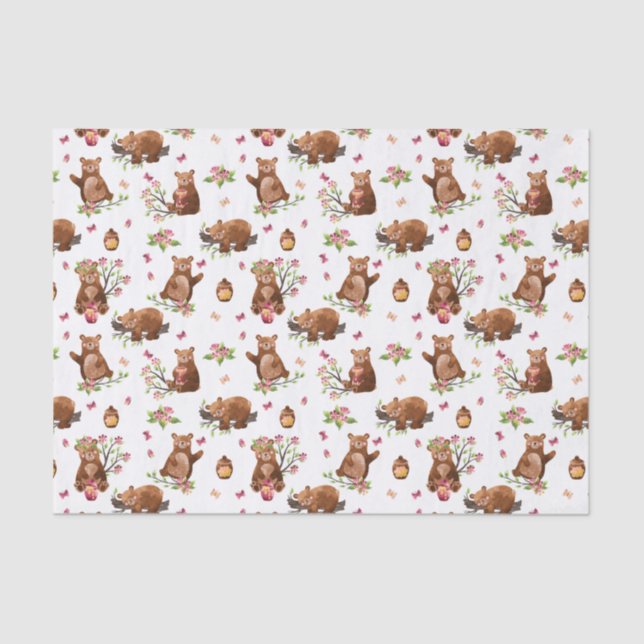 Girl Honey Bears Pattern - Pink Brown White Tissue Paper (Front)