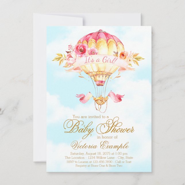 Girl Hot Air Balloon Baby Shower Invitations (Front)