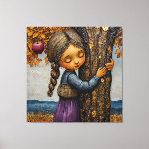 Girl hugging a apple tree canvas print