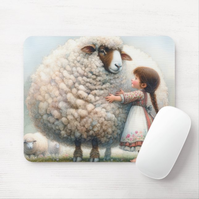 Girl Hugging a Big Ewe Mouse Mat (With Mouse)