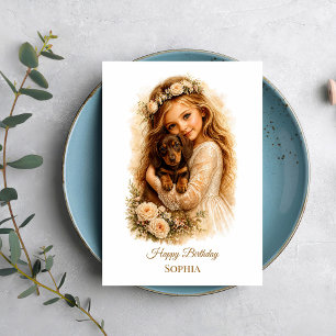 Girl Hugging Dachshund Puppy Card