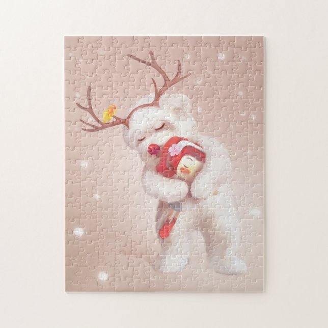 Girl Hugging Dog in Reindeer Antlers Jigsaw Puzzle (Vertical)