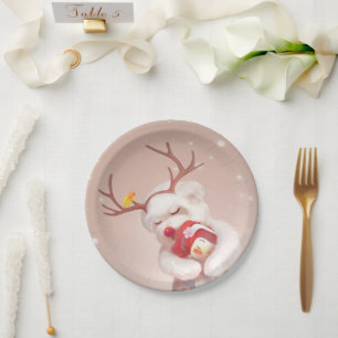 Girl Hugging Dog in Reindeer Antlers Paper Plate