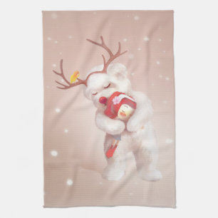 Girl Hugging Dog in Reindeer Antlers Tea Towel