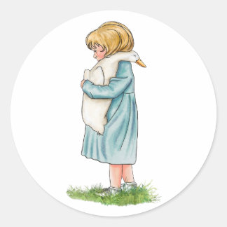 Girl hugging goose handmade (Beatrix Potter Style) Classic Round Sticker
