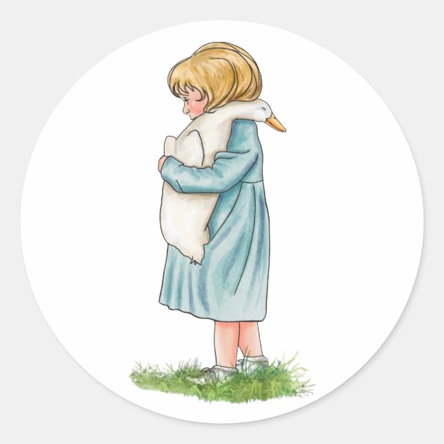 Girl hugging goose handmade (Beatrix Potter Style) Classic Round Sticker (Front)