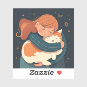 Girl hugs cute cat cartoon. Kid and funny animal 