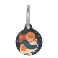 Girl hugs cute cat cartoon. Kid and funny animal 