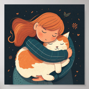 Girl hugs cute cat cartoon. Kid and funny animal  Poster