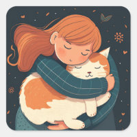 Girl hugs cute cat cartoon. Kid and funny animal