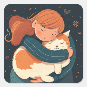 Girl hugs cute cat cartoon. Kid and funny animal  Square Sticker