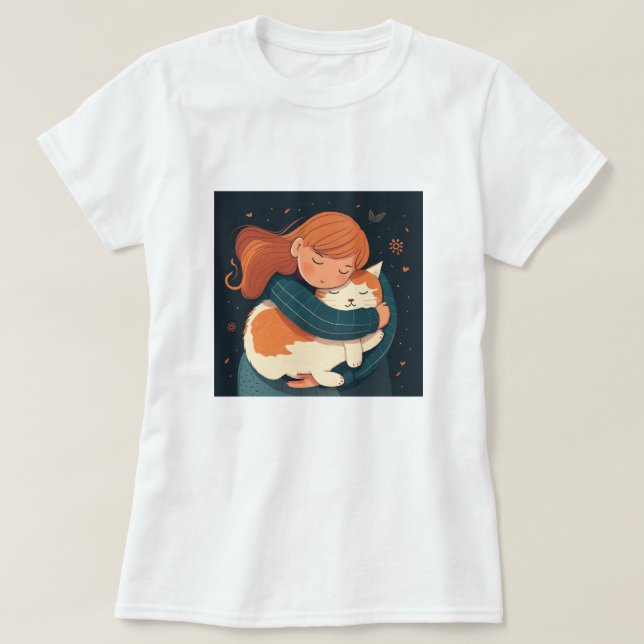 Girl hugs cute cat cartoon. Kid and funny animal T-Shirt (Design Front)