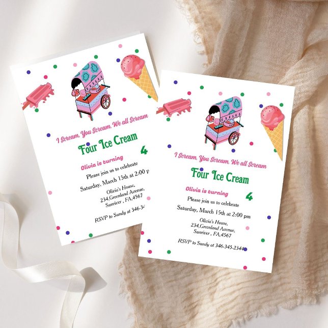 girl ice cream birthday I scream Four Birthday  Invitation (Creator Uploaded)