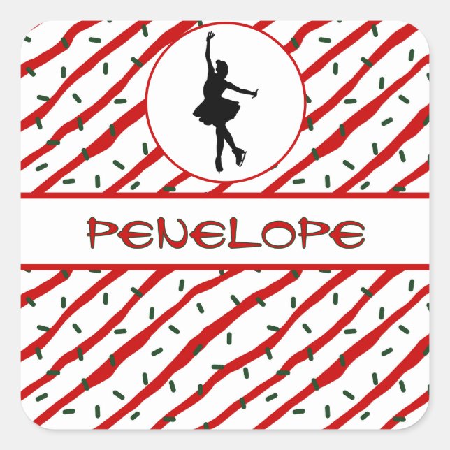 Girl Ice Skating Christmas Sprinkle Personalised Square Sticker (Front)