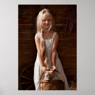 Girl in a Barn with a Kitten in a Basket Poster