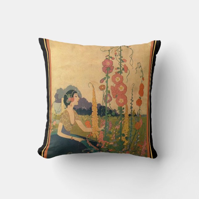 "Girl in a Flower Garden" Art Deco Throw Pillow (Front)