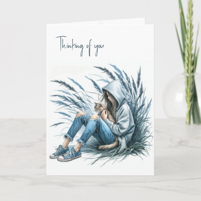 Girl In a Hoodie Holding a Pet Cat Card (Front)