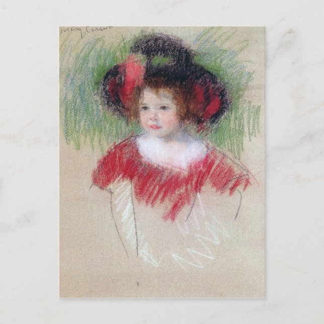 Girl in Big Bonnett and Red Dress, Mary Cassatt Postcard (Front)