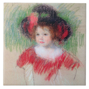 Girl in Big Bonnett and Red Dress, Mary Cassatt Tile