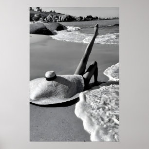 Girl in Big Hat Print, Black and White Beach Poster