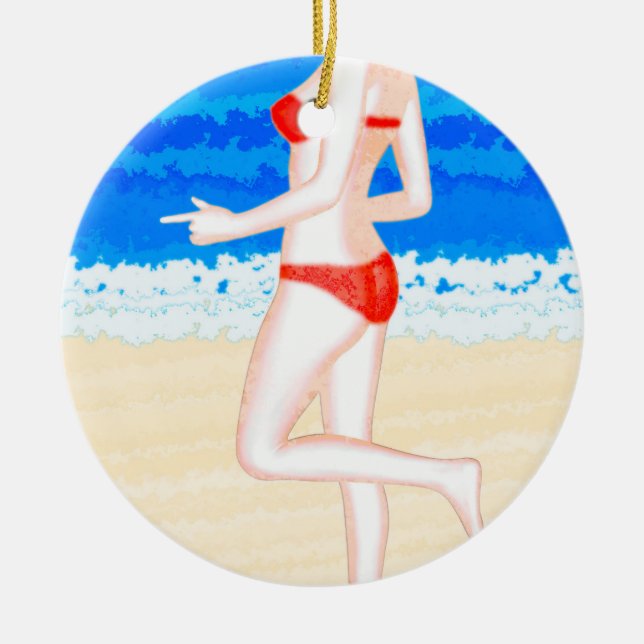 Girl in Bikini on The Beach Painting Ceramic Tree Decoration (Front)