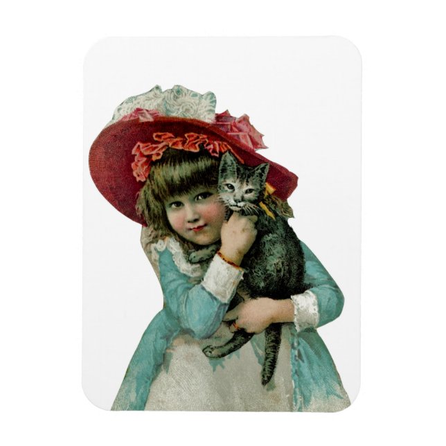 Girl in Bonnet with Christmas Kitten Magnet (Vertical)