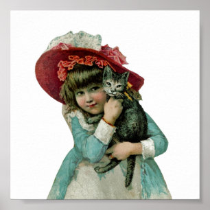 Girl in Bonnet with Christmas Kitten Poster