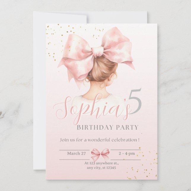Girl in Bow Birthday Invitation Preppy Party (Front)