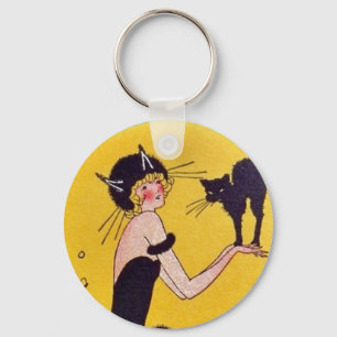 Girl in Cat costume with her black cat Key Ring