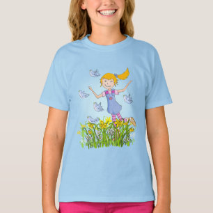 Girl in daffodils chasing birds spring t-shirt