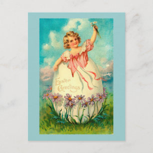 Girl In Egg Vintage Easter Holiday Postcard