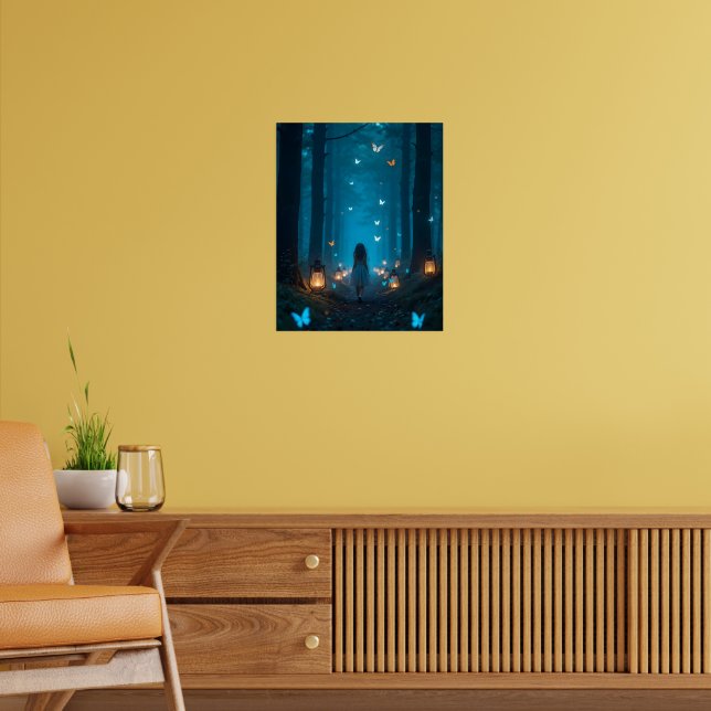 Girl in Enchanted Forest with Glowing Butterflies Poster (Living Room 2)